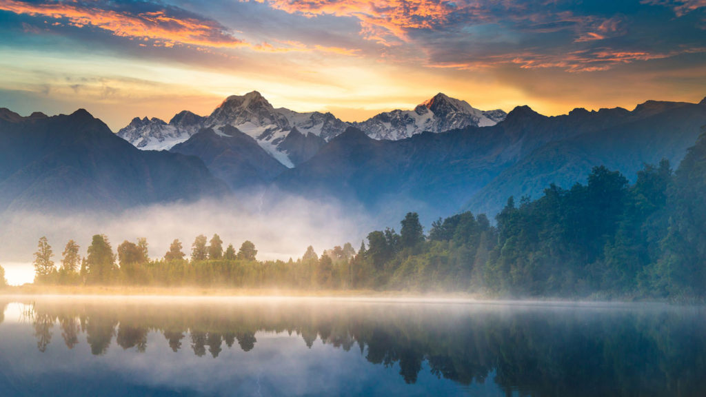 Beautiful scenery landscape of the Matheson Lake Fox Glacier town Southern Alps Mountain Valleys New Zealand witness God's glory